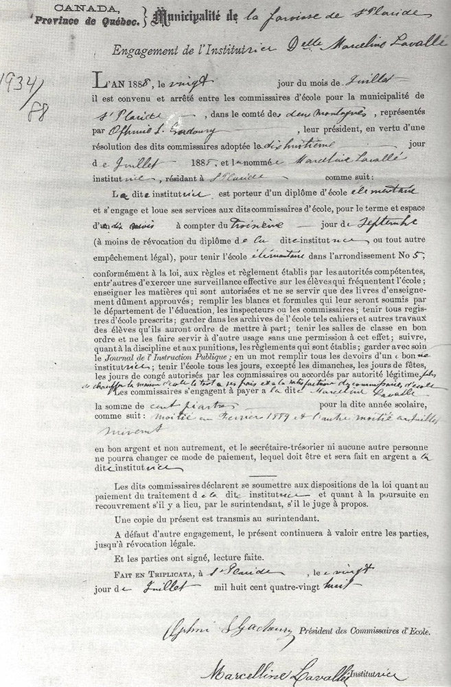 Engagement de l'institutrice, ANQ, Éducation, C.G., no 1934, 1888.